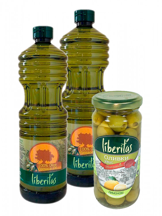Масло Оливковое Liberitas Pomace 1л (Испания) 2 шт + Оливки Liberitas с лимоном 240 гр