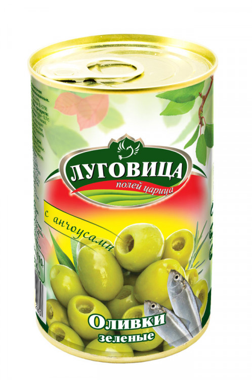 Оливки Луговица зеленые с анчоусом ж/б 280 г