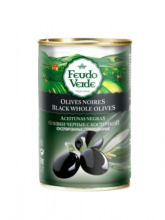 Оливки Feudo Verde черные с косточкой 300 мл ж/б