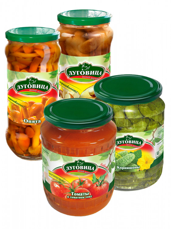 Продуктовый набор №4 Луговица: Грибы опята 330г, Грибы маслята 330г, Томаты в собственном соке на лимонке ГОСТ 720г, Огурцы корнишоны маринованные 720мл