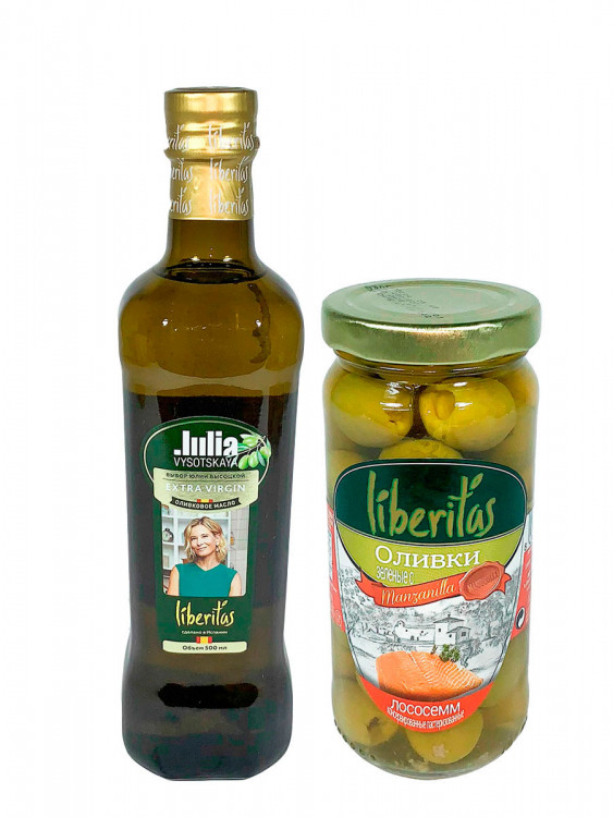 Масло оливковое Liberitas Julia Vysotskaya Extra Virgin 500 мл + Оливки Liberitas зеленые с лососем 240 г в ПОДАРОК