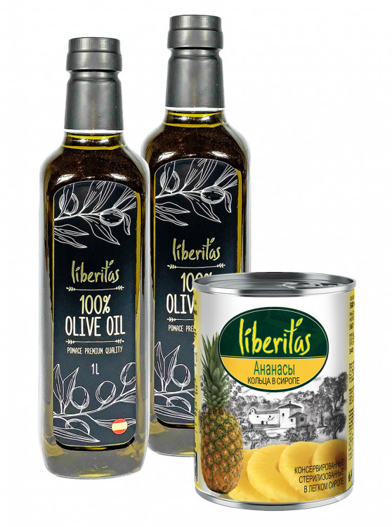 Масло оливковое Liberitas Pomace рафинированное 1000 мл пэт 2 шт + Ананасы Liberitas кольца в сиропе 580 мл Тайланд
