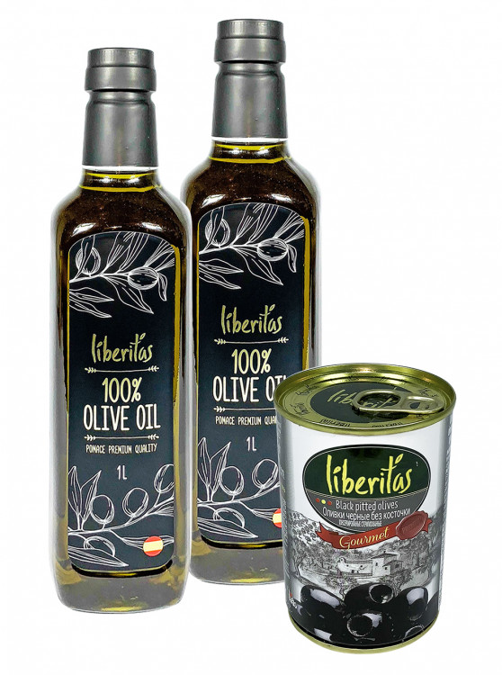 Масло оливковое Liberitas Pomace рафинированное 1000 мл пэт 2 шт + Оливки Liberitas черные б/к ж/б Испания 300 мл